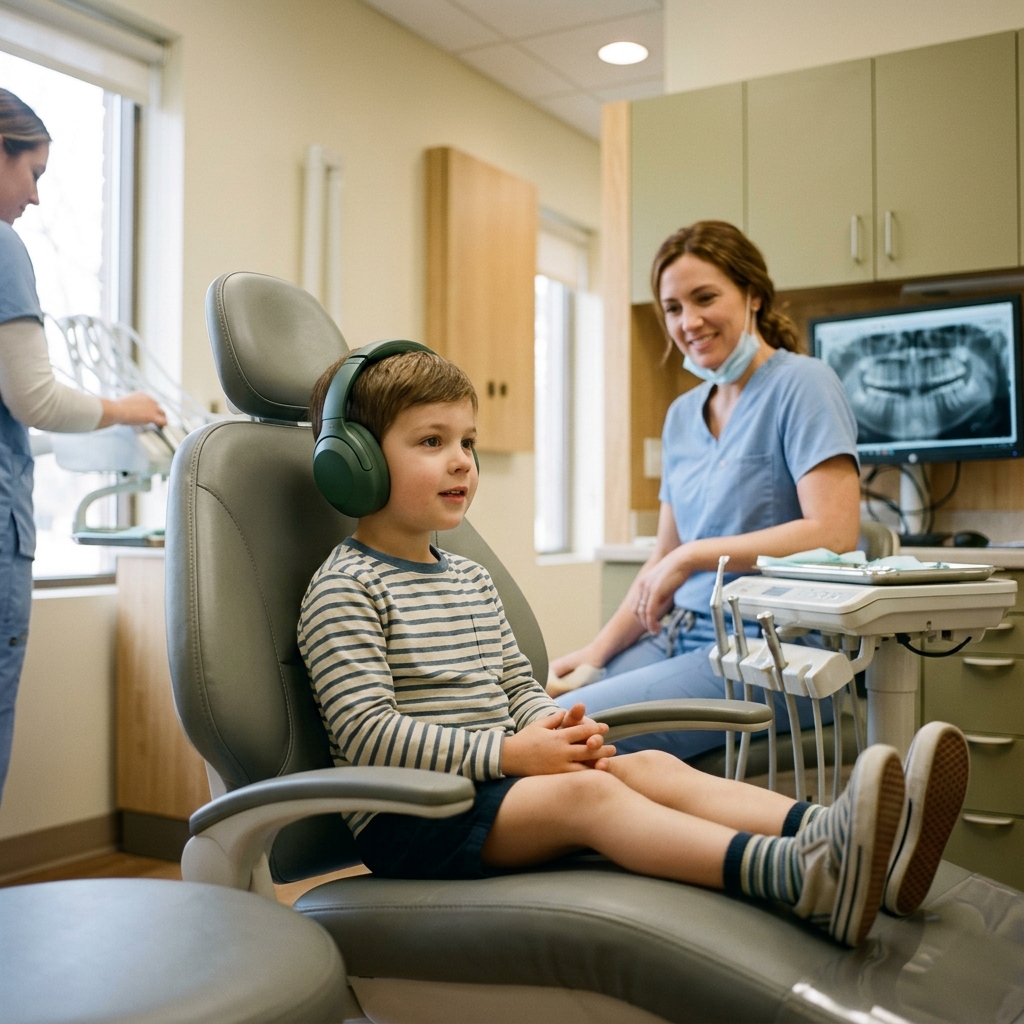 Dentist helping child manage anxiety